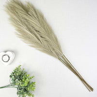 Bleached Faux Pampas Grass Stems on white background with white heart tealight holder and greenery.