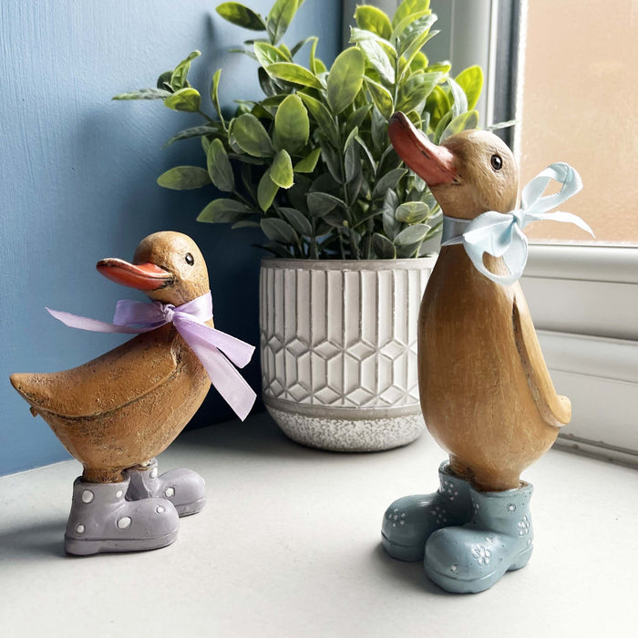 Dina & Danny Duck with plant behind them on windowsill