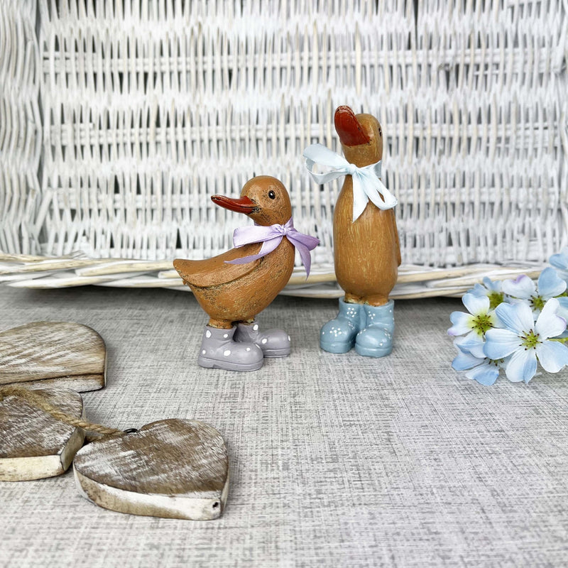 Dina & Danny Duck with white basket behind them and wooden hearts and blue flowers