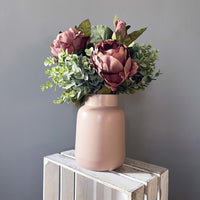 Dusty Pink Spray Rose Peony with leafy spray in pink vase.