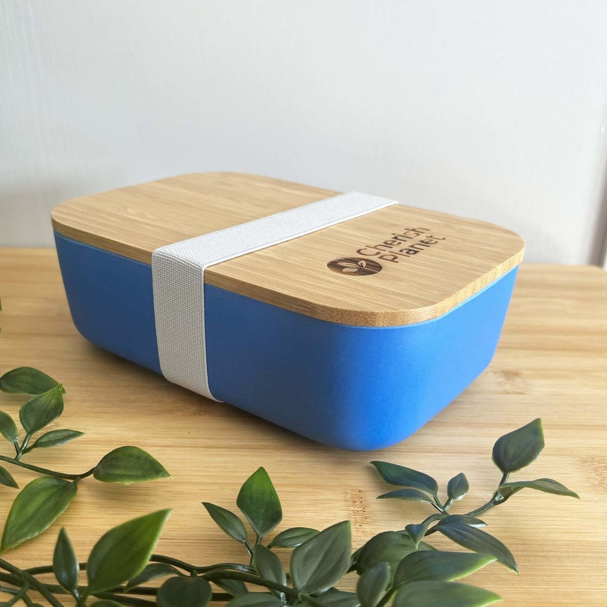 Blue Eco Bamboo & Wheat Fibre Lunch / Bento Box on white background, with bamboo bench and greenery