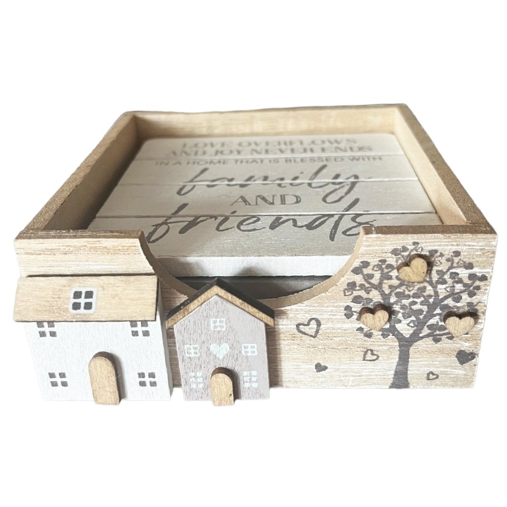 Family Friends Wooden Coaster Set with Holder Cherish Home