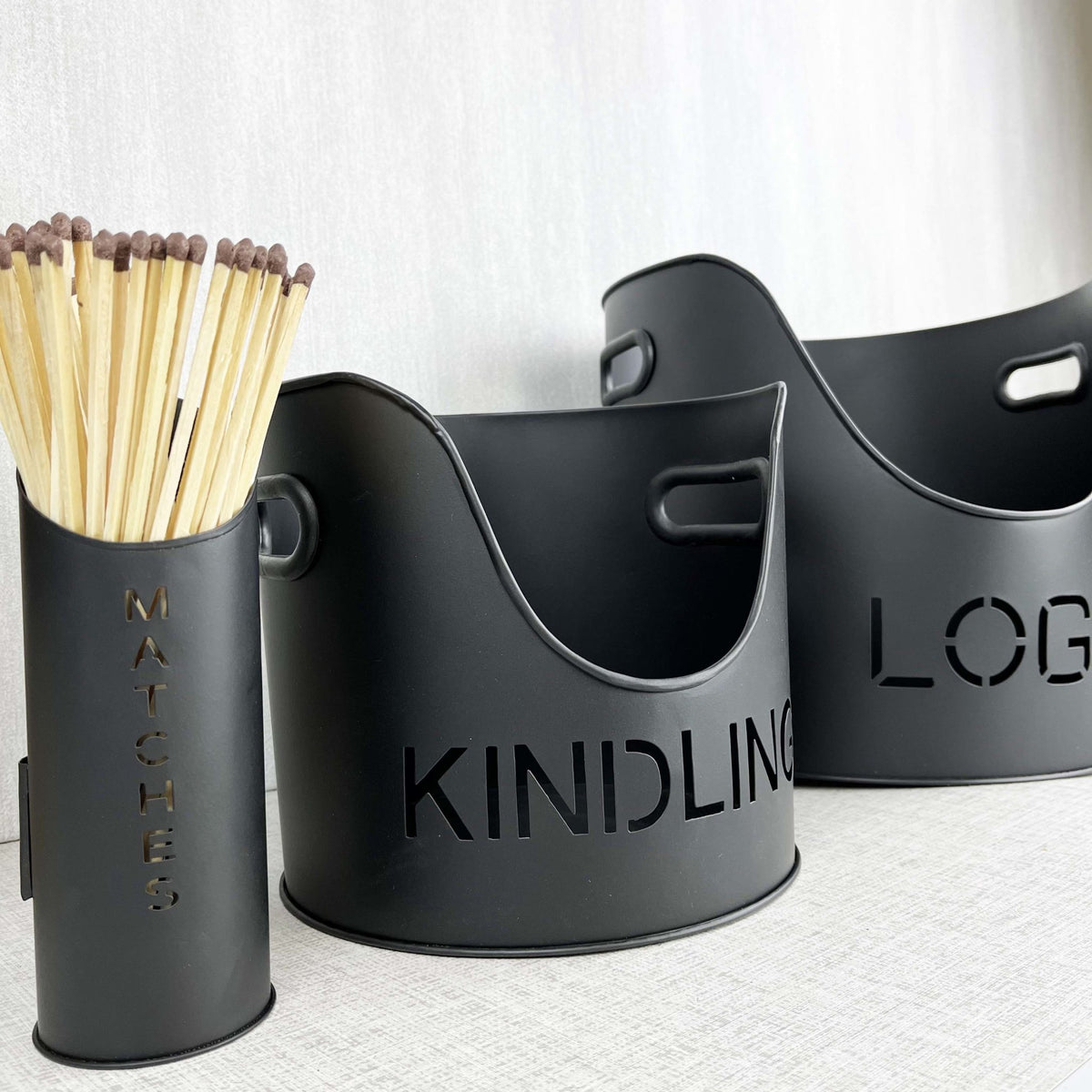 Fire Log & Kindling Buckets with Matchstick Holder Set