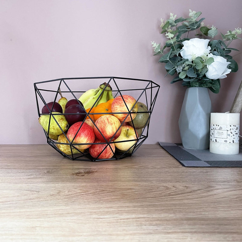 Geometric Contemporary Wire Storage Basket Fruit Bowl on dining room table with fruit in