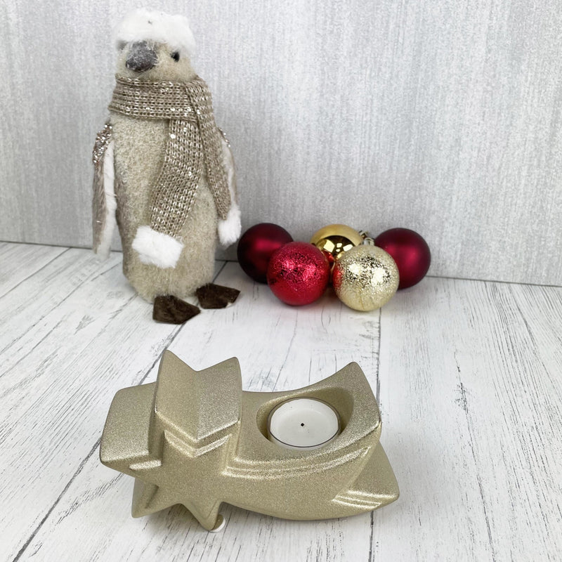 Gold star tea light candle holder with penguin and baubles