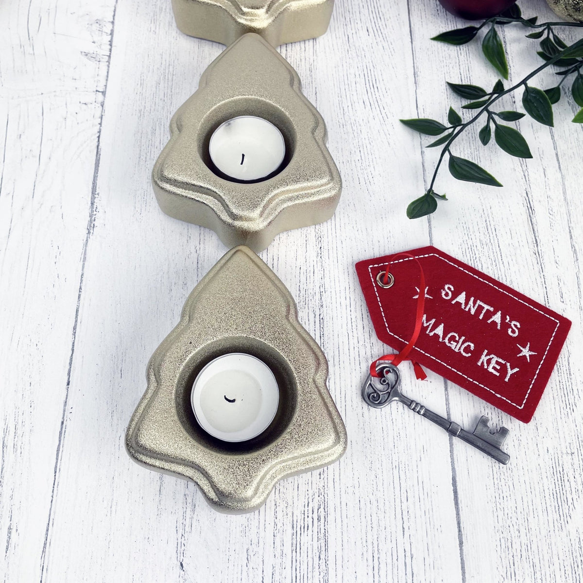 Gold Tree Tea Light Candle Holder set of three with santa's magic key