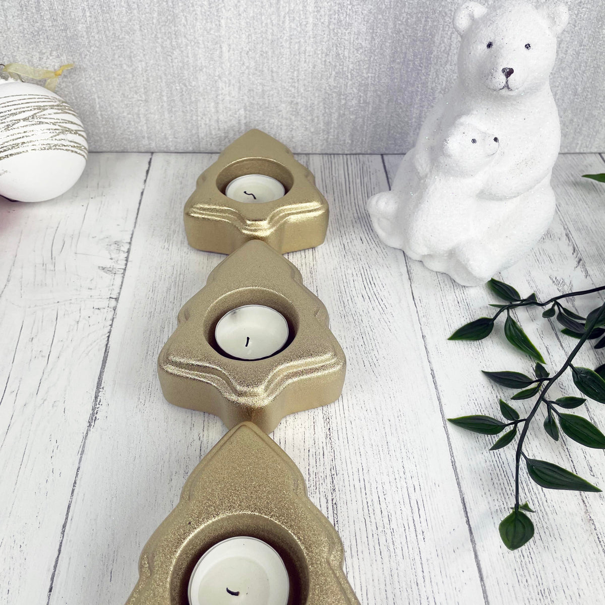 Gold Tree Tea Light Candle Holder with polar bear family