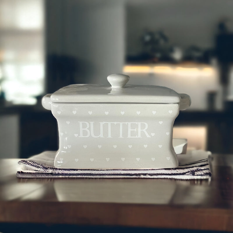 Grey with White Hearts Butter Dish and Lid - Cherish Home