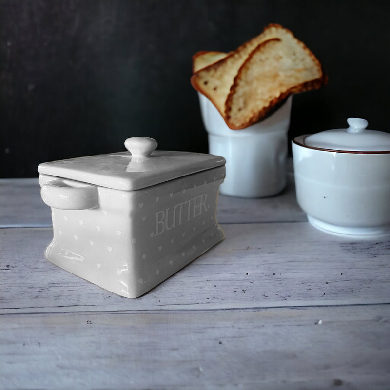 Grey with White Hearts Butter Dish and Lid - Cherish Home
