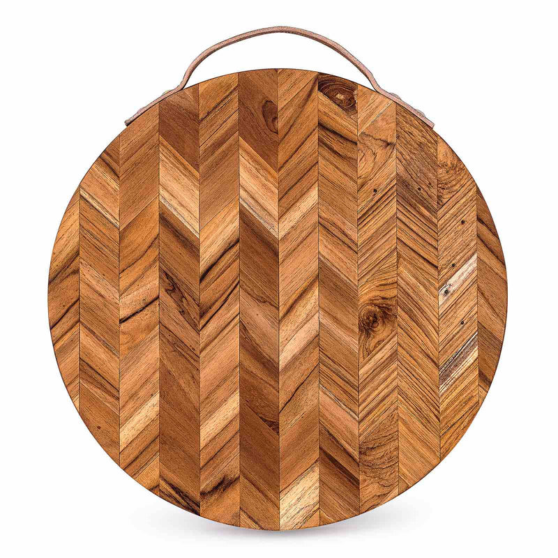 Herringbone Patterned Wooden Chopping Board with Leather Handle - Cherish Home