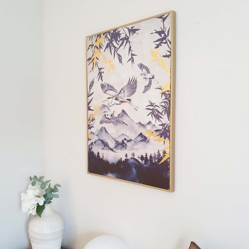 Japanese Gold Leaf Heron Canvas Print in white all above flower vase