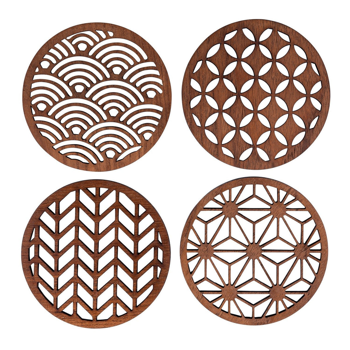 Japanese Patterns Upcycled Teak Wood Coasters - Individual / Set of 4 - Cherish Home