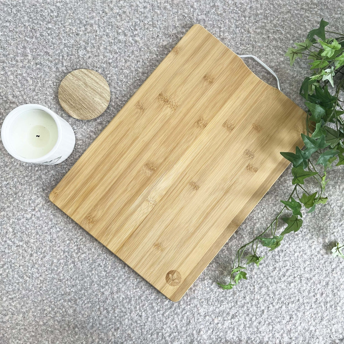 Large Bamboo Serving Board with candle and greenery