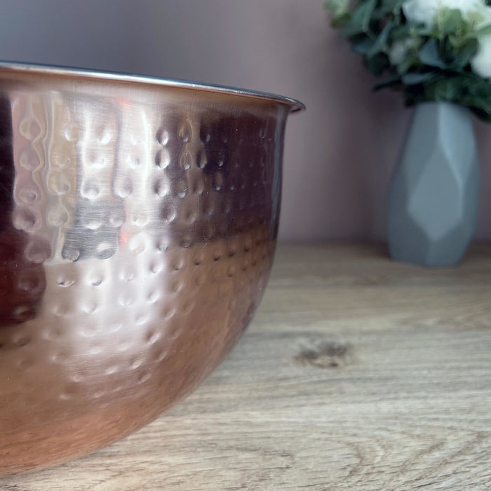 Large Hammered Copper-style Bowl close up