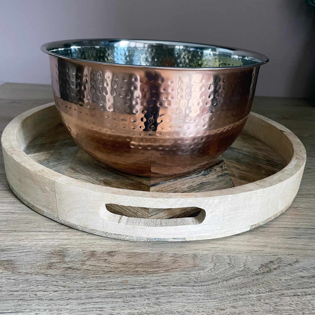 Large Hammered Copper-style Bowl on a wooden serving tray