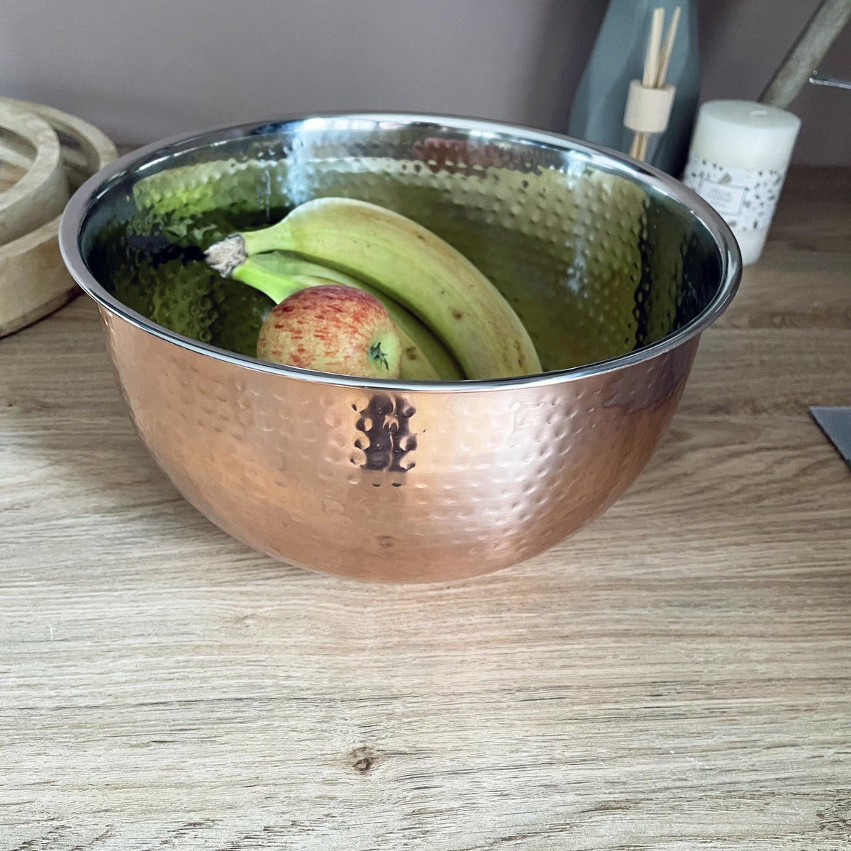 Large Hammered Copper-style Bowl with fruit in