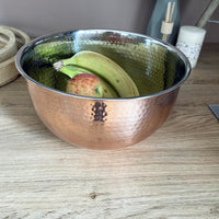 Large Hammered Copper-style Bowl with fruit in
