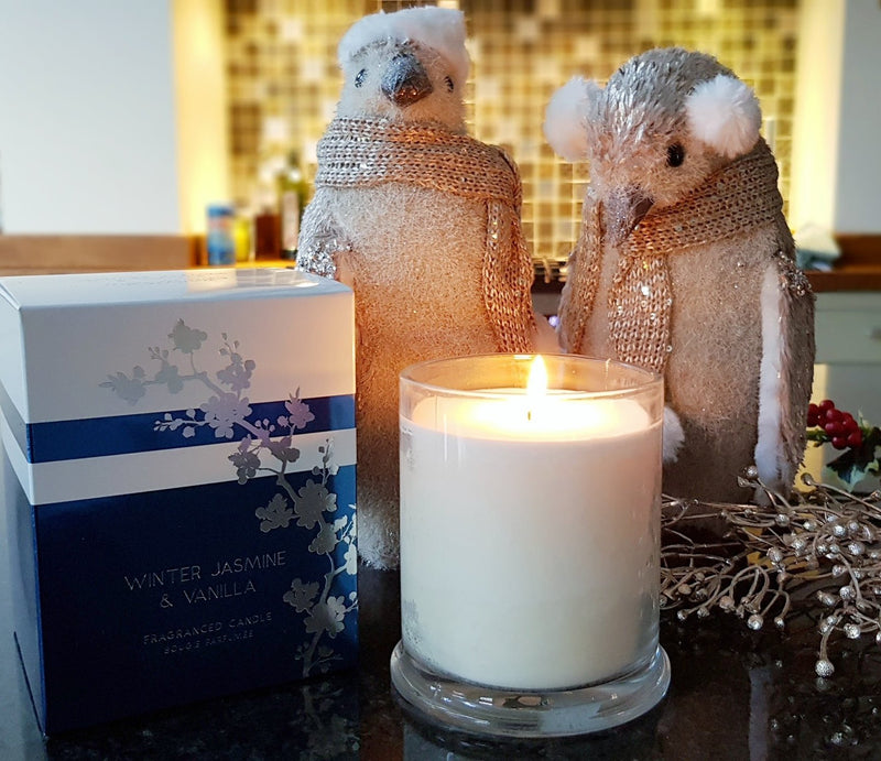 Evening winter jasmine & vanilla candle lit, with family of penguins in background