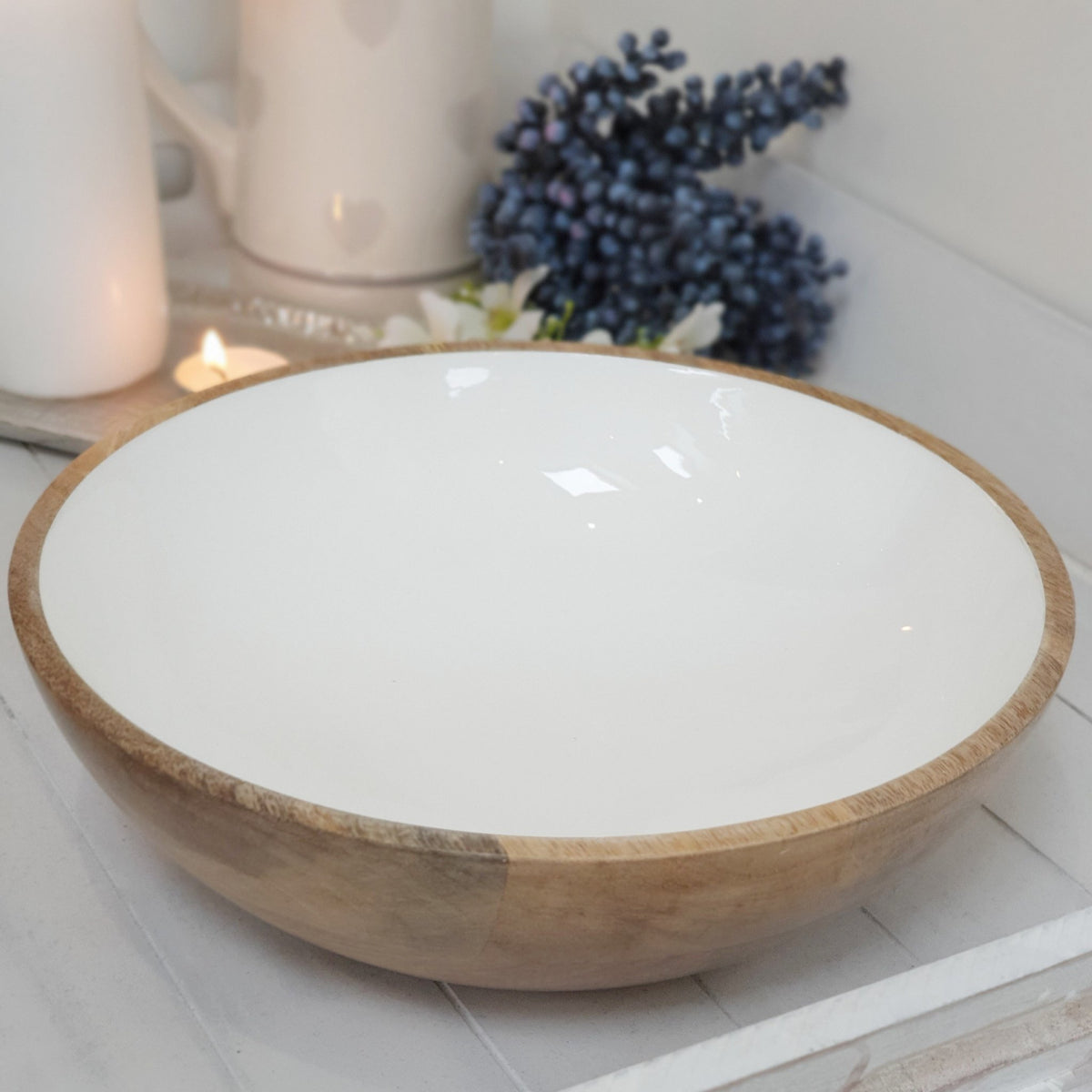 Large White Ceramic & Wood Bowl - Cherish Home