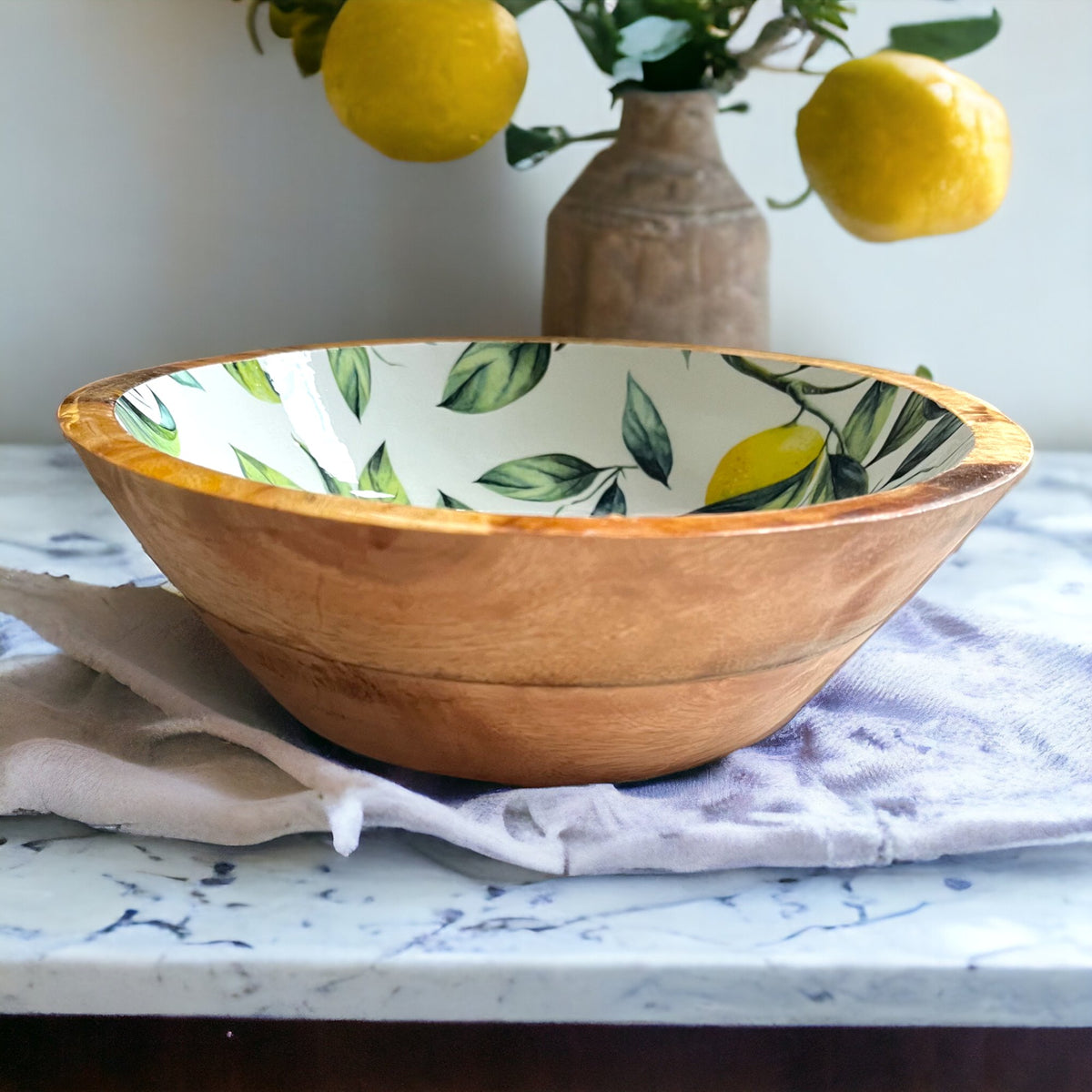 Lemons & Leaves On White Mango Wood Bowl - Cherish Home