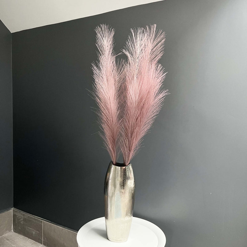 Lilac Faux Pampas Grass Stem in chrome vase with dark grey background