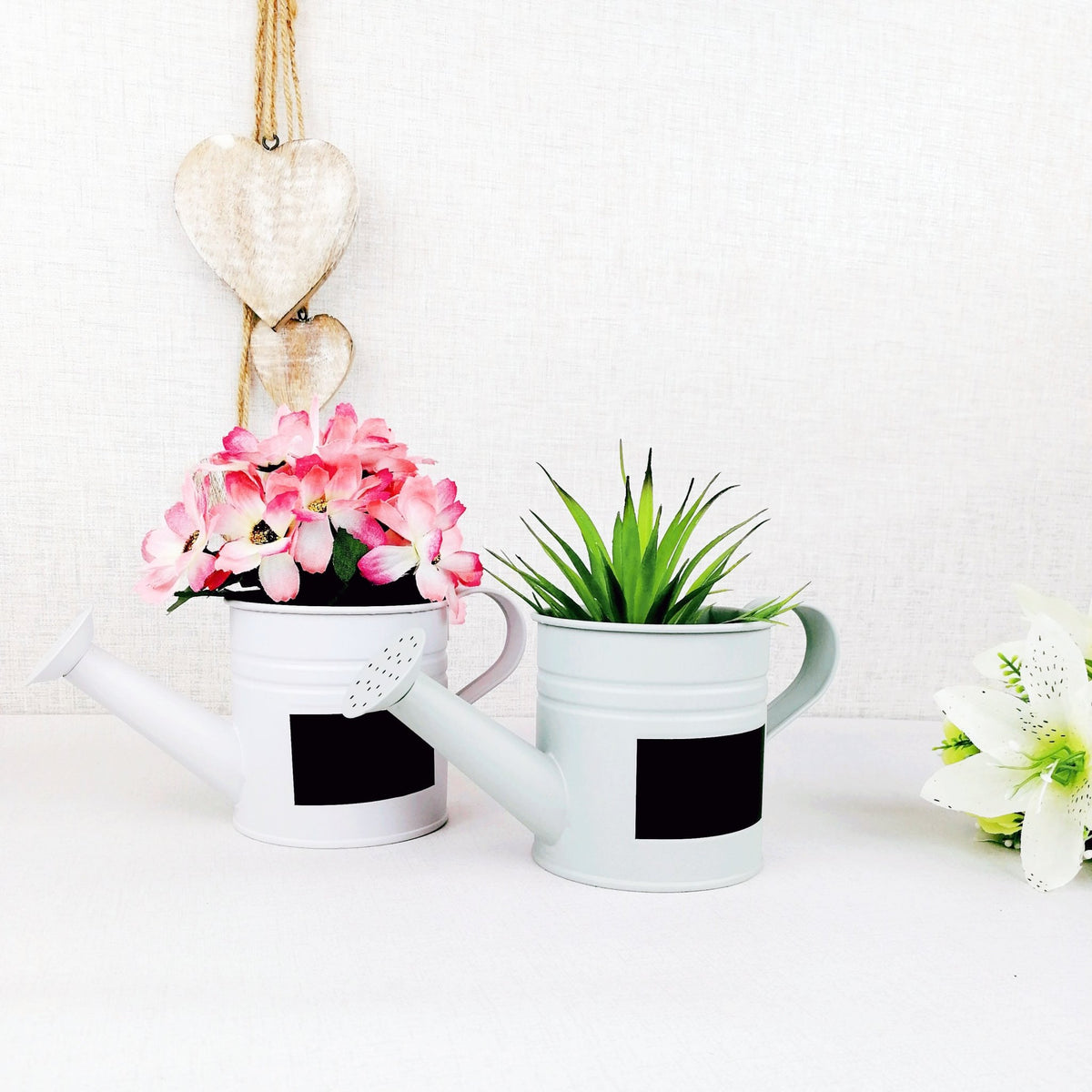 Mini Watering Can Planters with wooden heart decor