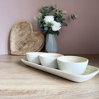 Pandam Bamboo Bowl Set on dining table with heart bowl and flower vase