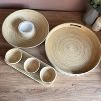 Bamboo Chip 'n' Dip bowl collection, with the bamboo serving tray and set of 3 snack holders