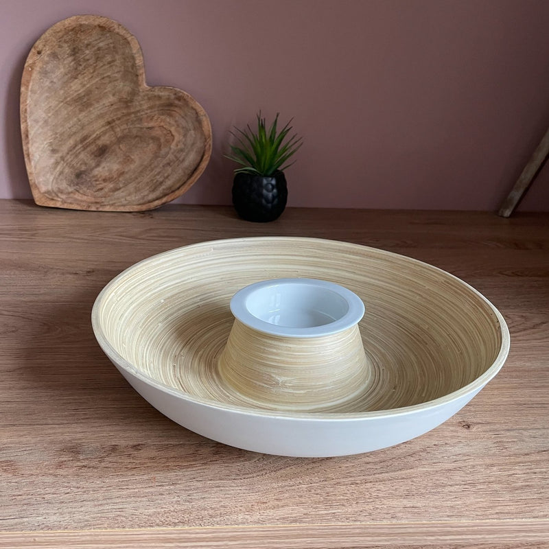 Bamboo Chip 'n' Dip bowl on table with black planter and a wooden heart decor