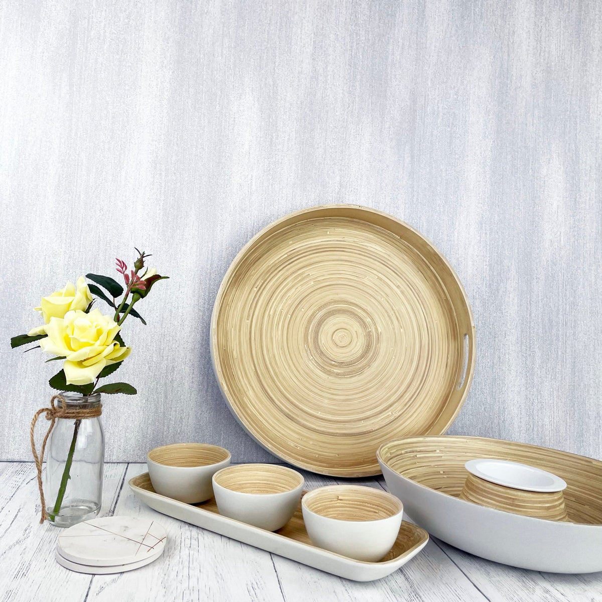 Pandam Bamboo Serving Tray Set on White Table