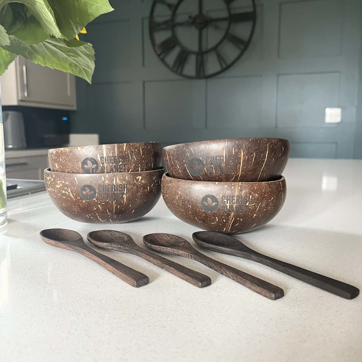 Real Coconut Shell Brown Bowls with Wooden Spoons Set