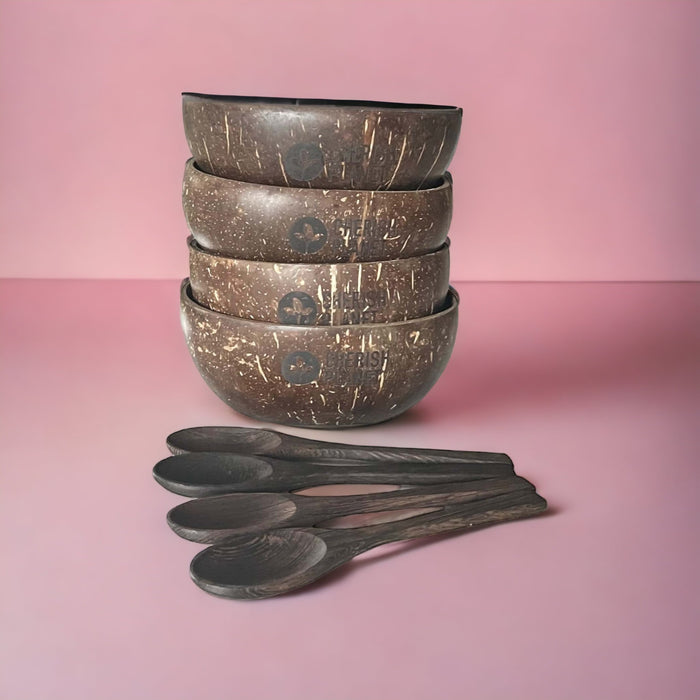Real Coconut Shell Brown Bowls with Wooden Spoons Set - Cherish Home