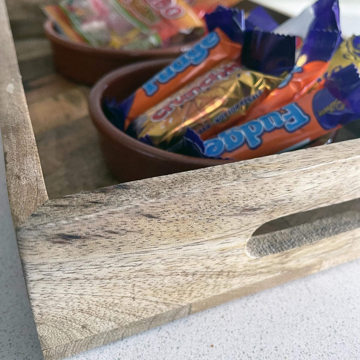 Rectangular Herringbone Wooden Serving Trays close up with sweets in