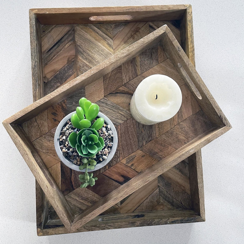 Rectangular Herringbone Wooden Serving Trays with candle and planter