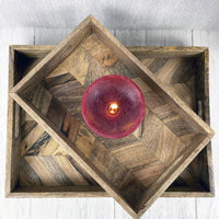 Rectangular Herringbone Wooden Serving Trays with red flameless candle