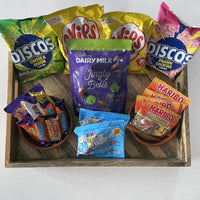 Rectangular Herringbone Wooden Serving Trays with a selection of snack food