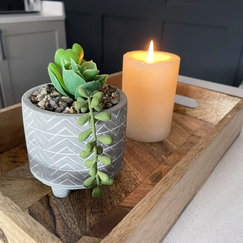 Rectangular Herringbone Wooden Small Serving Tray with planter and lit candle