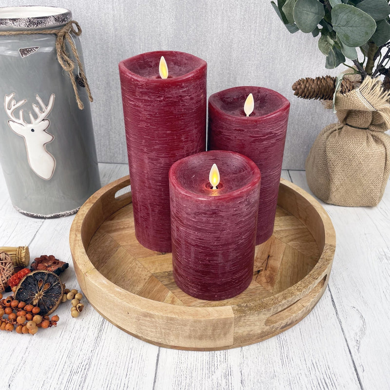 Red Luminara Flame Effect Battery candle set of 3, with autumn decor and a eucalyptus plant