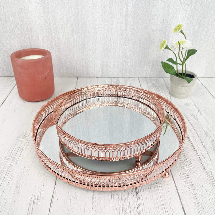 Regiis Copper Style Mirror Trays Set of two with candle and flower pot