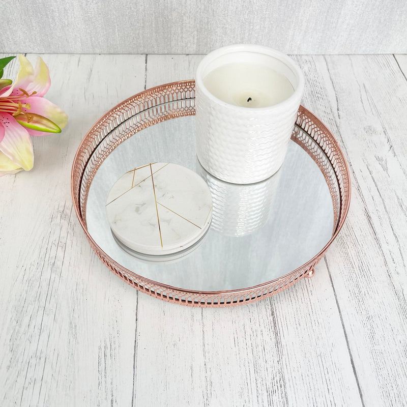 Regiis Copper Style Mirror Trays with white candle and marble coasters