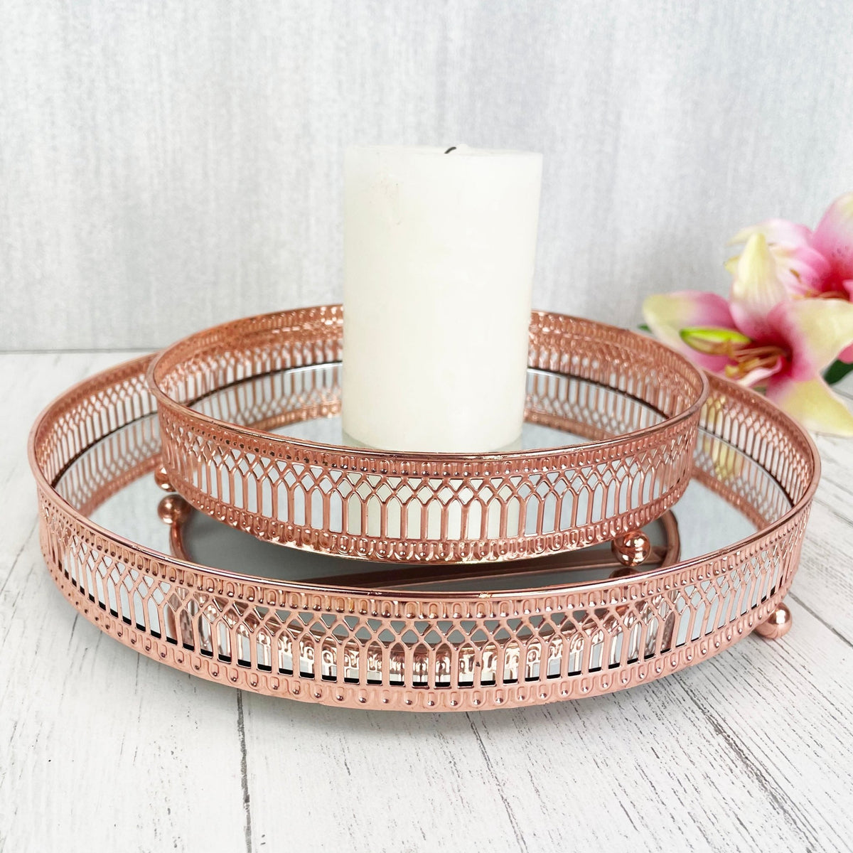 Regiis Copper Style Mirror Tray set of 2 close up, with candle