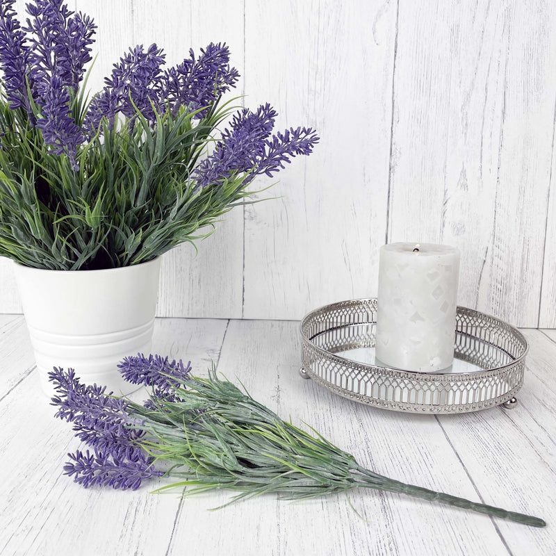 Regiis Silver Style Mirror Tray with grey candle, lavender sprays and white planter