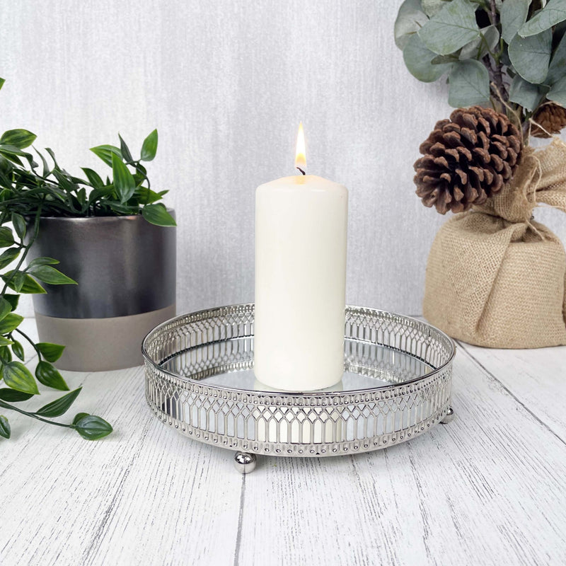 Regiis Silver Style Mirror Tray with white pillar candle, grey planter and acorn tree