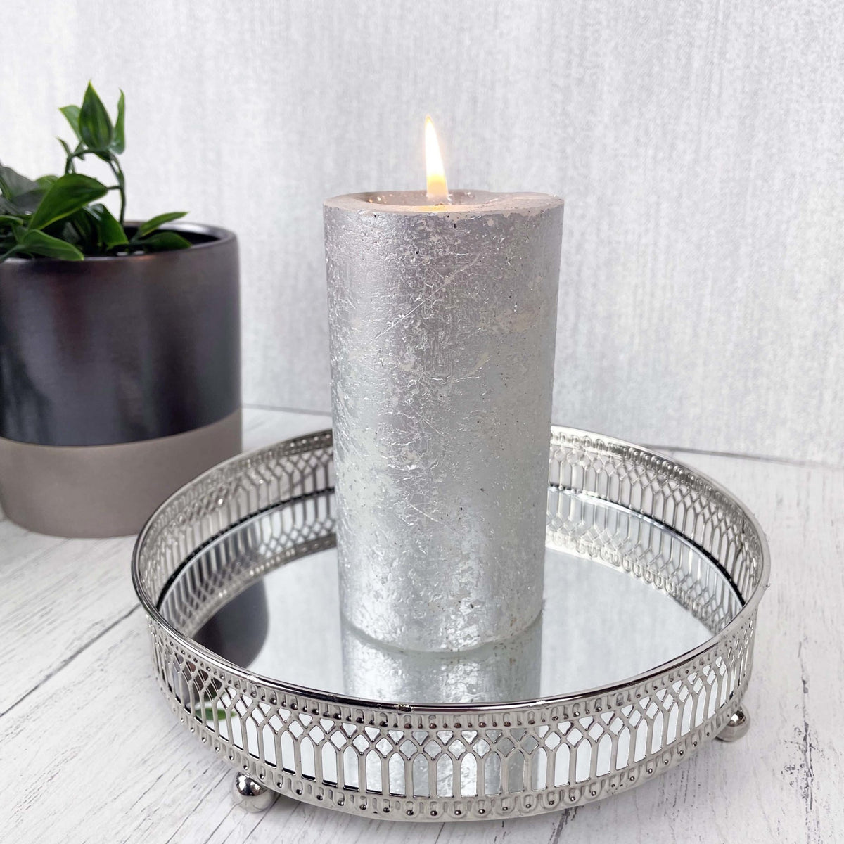Regiis Silver Style Mirror Tray with silver candle and planter