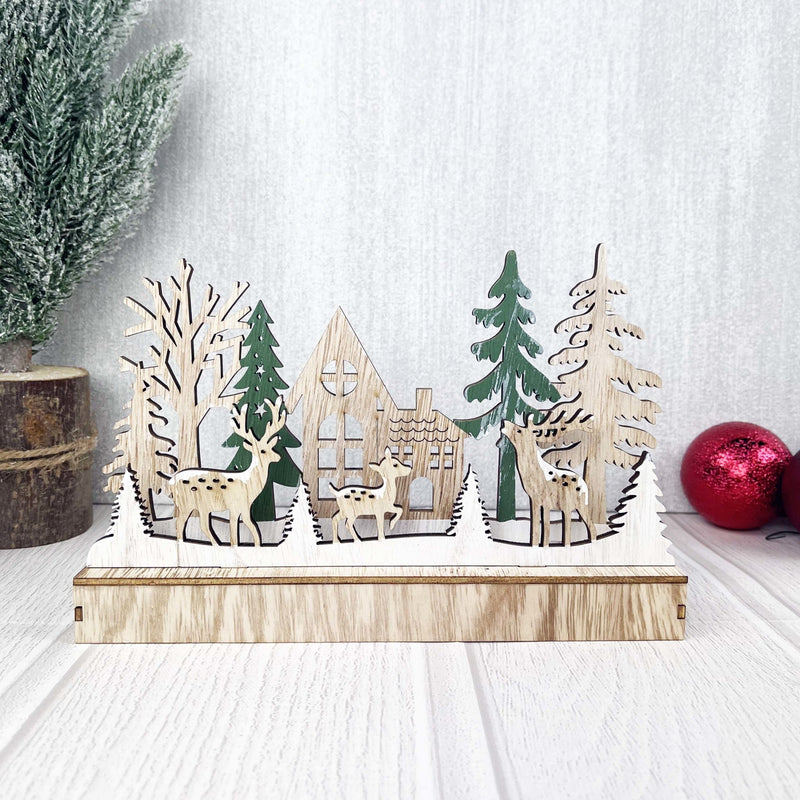 Reindeer & Trees LED Scene Decoration with tree and red baubles
