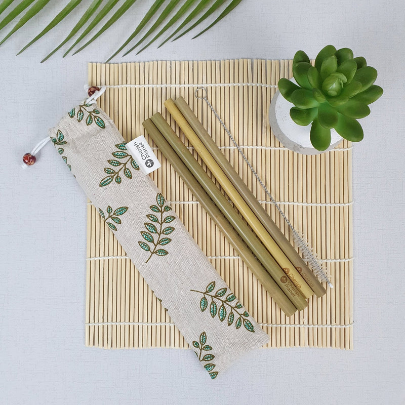 Reusable Bamboo Straw Set with Cream Natural Cotton Pouch