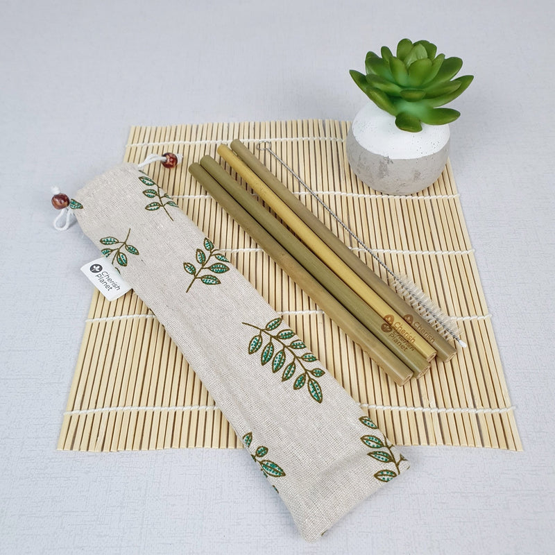 Reusable Bamboo Straw Set with Cream Natural Cotton Pouch