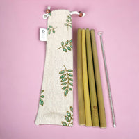 Reusable Bamboo Straw Set with Cream Natural Cotton Pouch - Cherish Home