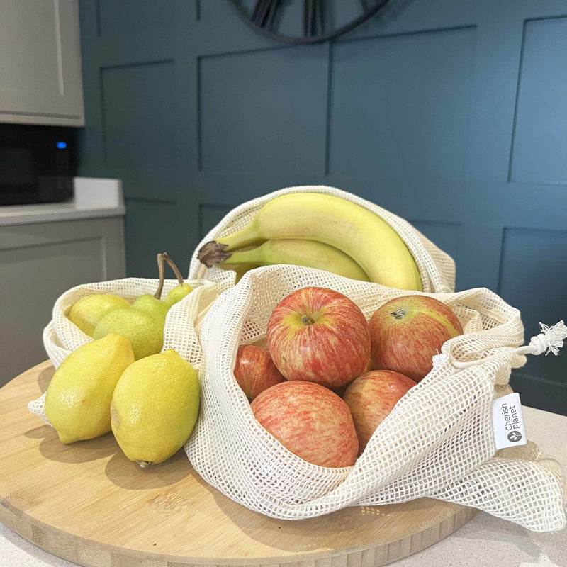 Reusable, Natural, Washable Drawstring Cotton Bags with apples, bananas, lemons and pears