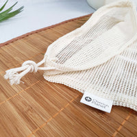 Reusable, Natural, Washable Drawstring Cotton Bags close up on the bag